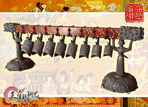 8件古編鐘，銅人銅座裝飾，可發(fā)音